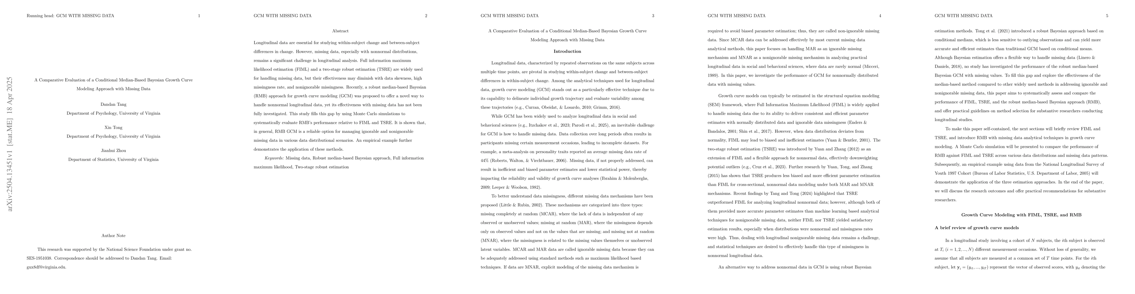 Thumbnail for A Comparative Evaluation of a Conditional Median-Based Bayesian Growth
  Curve Modeling Approach with Missing Data