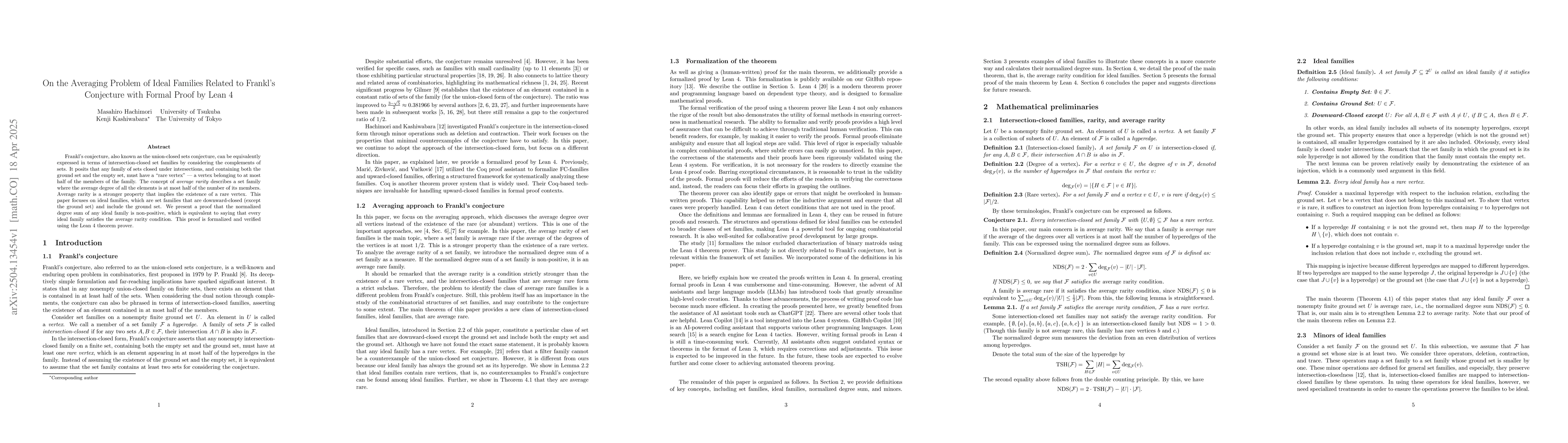 Thumbnail for On the Averaging Problem of Ideal Families Related to Frankl's
  Conjecture with Formal Proof by Lean 4