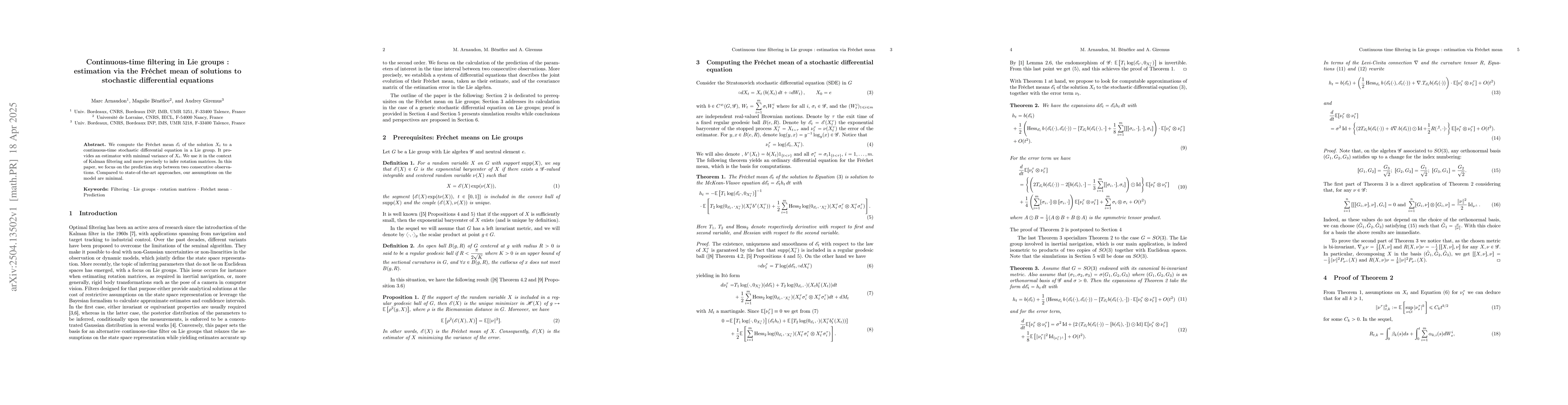 Thumbnail for Continuous-time filtering in Lie groups: estimation via the Fr{é}chet
  mean of solutions to stochastic differential equations