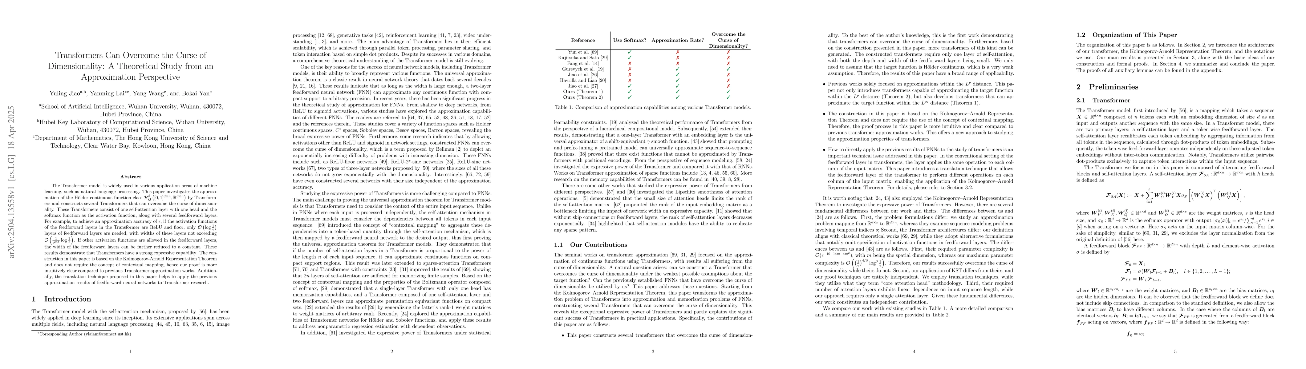 Thumbnail for Transformers Can Overcome the Curse of Dimensionality: A Theoretical
  Study from an Approximation Perspective