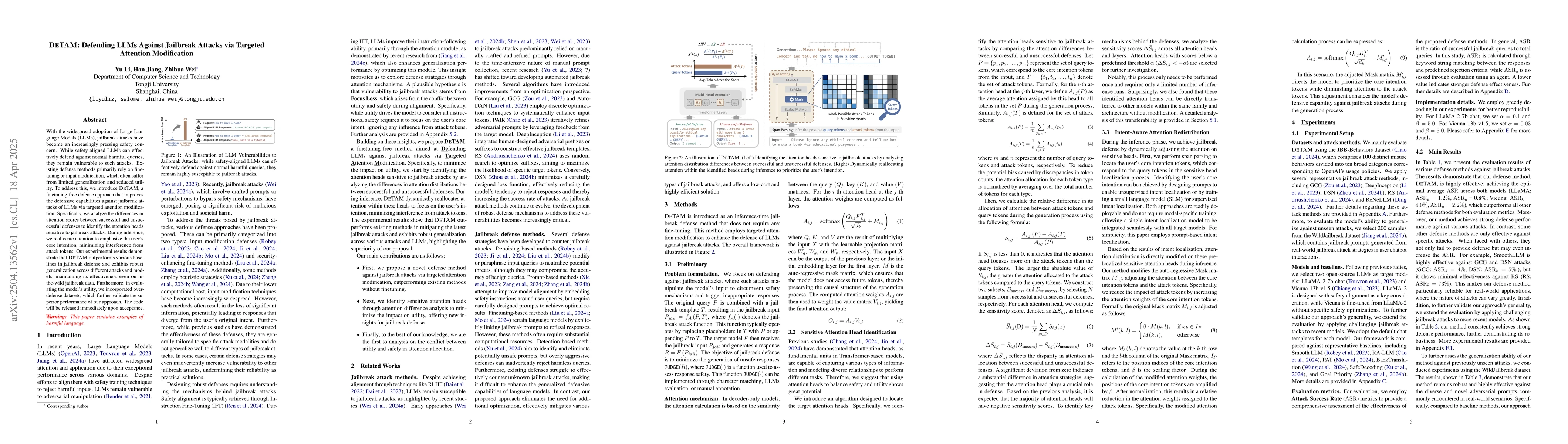 Thumbnail for DETAM: Defending LLMs Against Jailbreak Attacks via Targeted Attention
  Modification