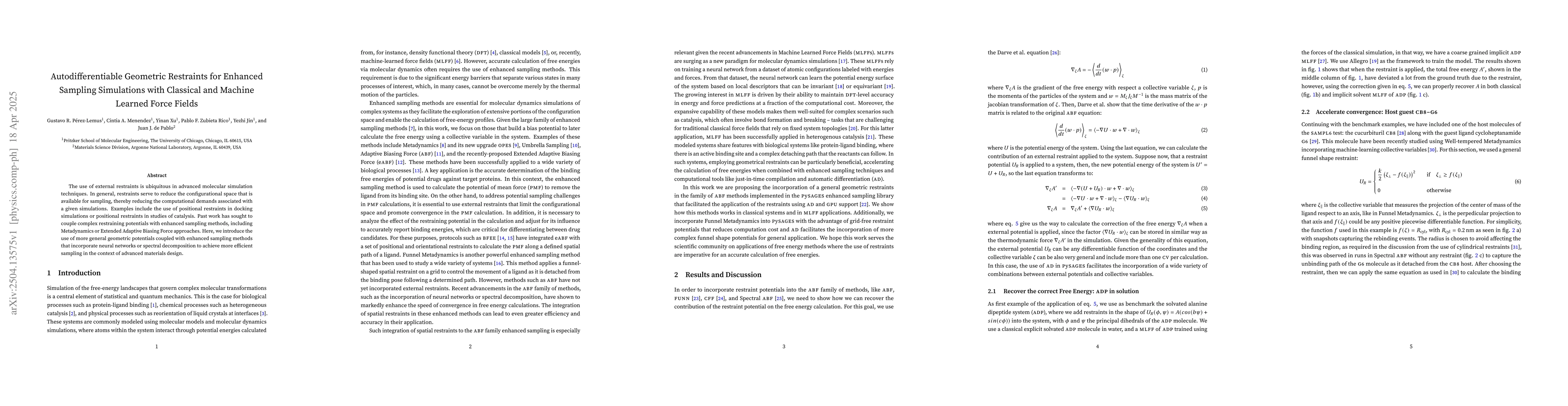 Thumbnail for Autodifferentiable Geometric Restraints for Enhanced Sampling
  Simulations with Classical and Machine Learned Force Fields