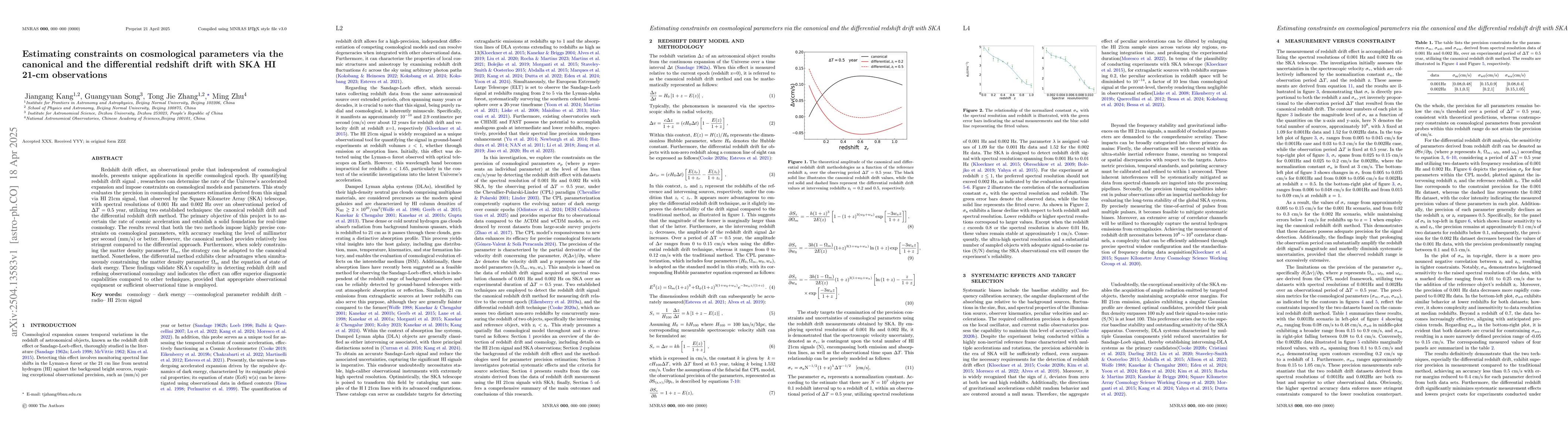 Thumbnail for Estimating constraints on cosmological parameters via the canonical and
  the differential redshift drift with SKA HI 21-cm observations