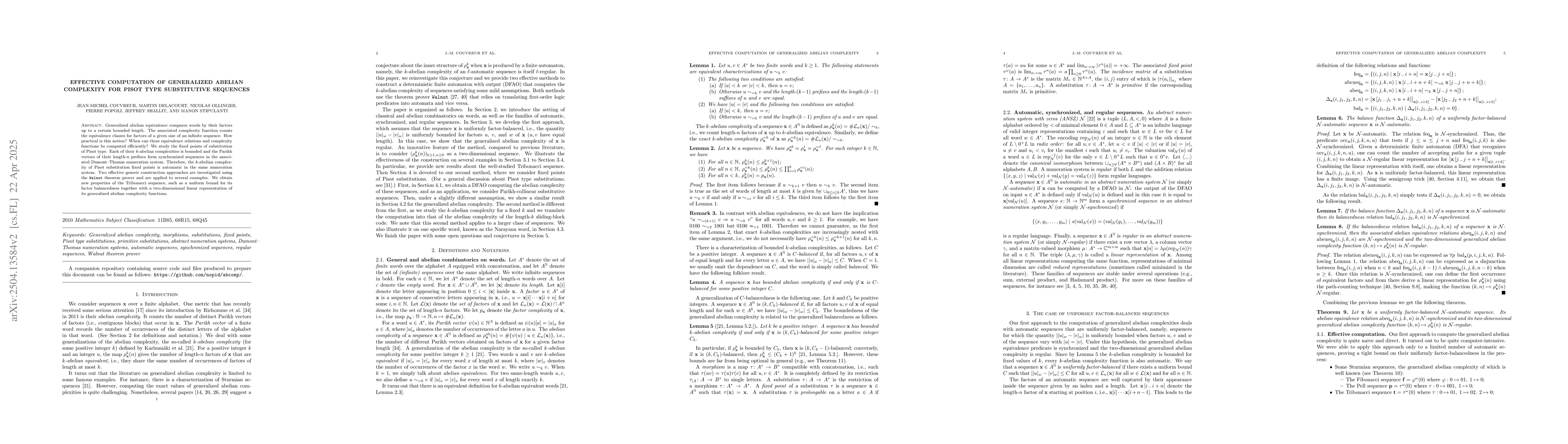 Thumbnail for Effective Computation of Generalized Abelian Complexity for Pisot Type
  Substitutive Sequences