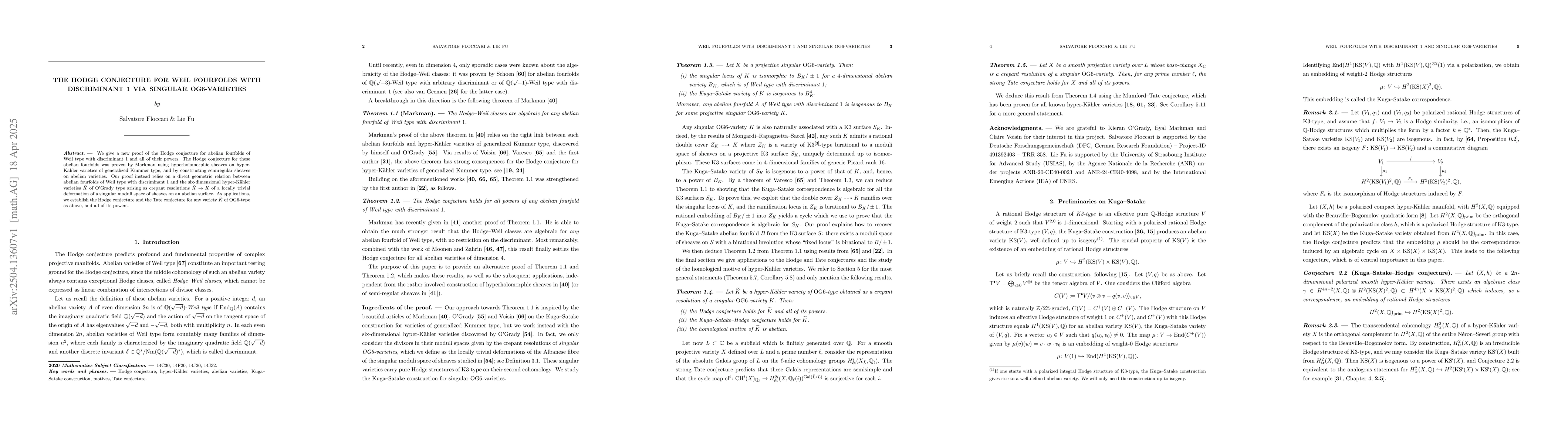 Thumbnail for The Hodge conjecture for Weil fourfolds with discriminant 1 via singular
  OG6-varieties