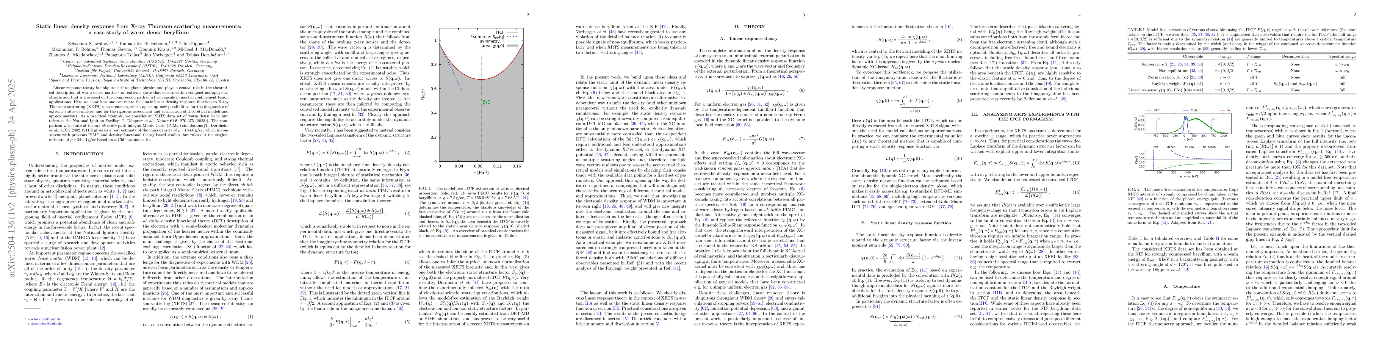 Thumbnail for Static linear density response from X-ray Thomson scattering
  measurements: a case study of warm dense beryllium