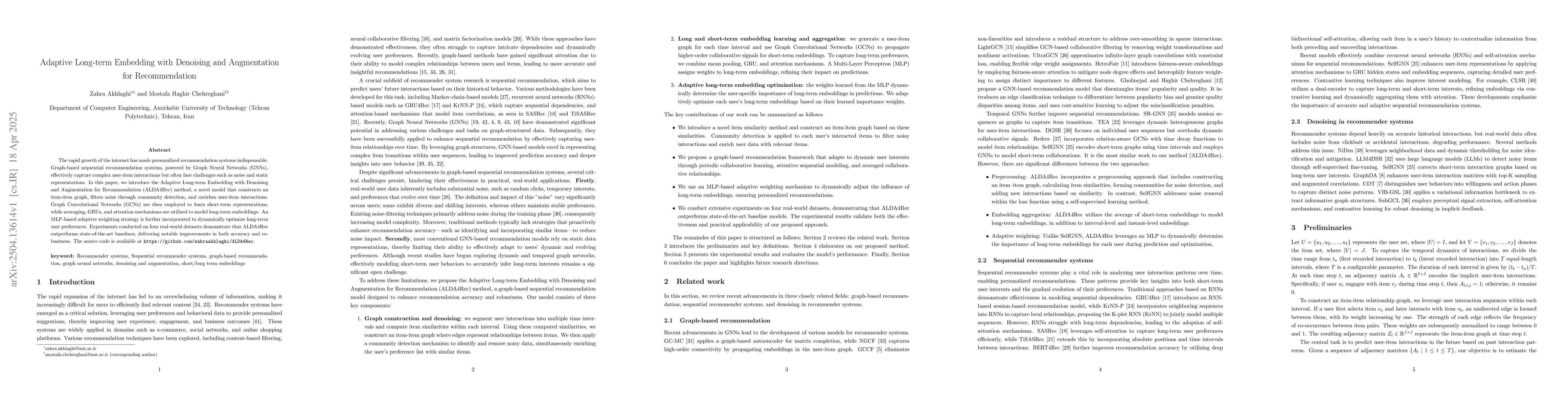 Thumbnail for Adaptive Long-term Embedding with Denoising and Augmentation for
  Recommendation