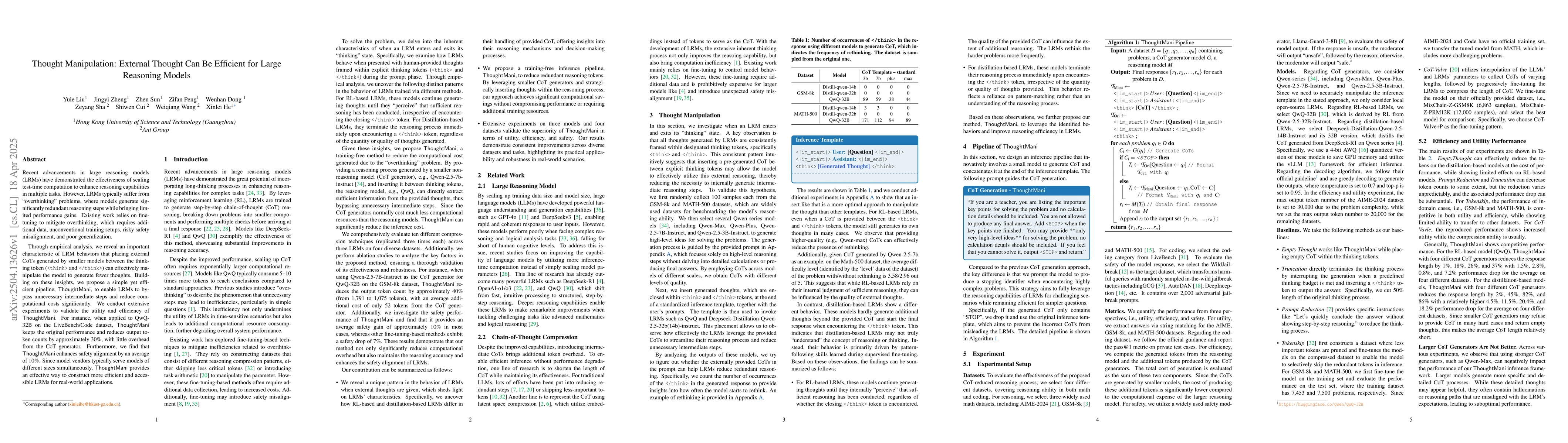 Thumbnail for Thought Manipulation: External Thought Can Be Efficient for Large
  Reasoning Models