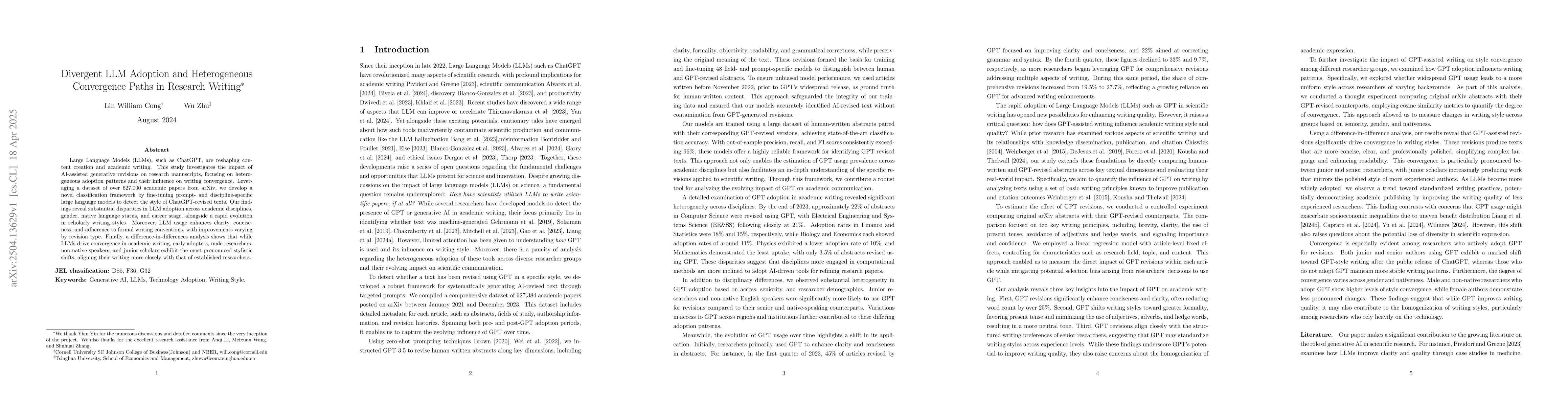 Thumbnail for Divergent LLM Adoption and Heterogeneous Convergence Paths in Research
  Writing