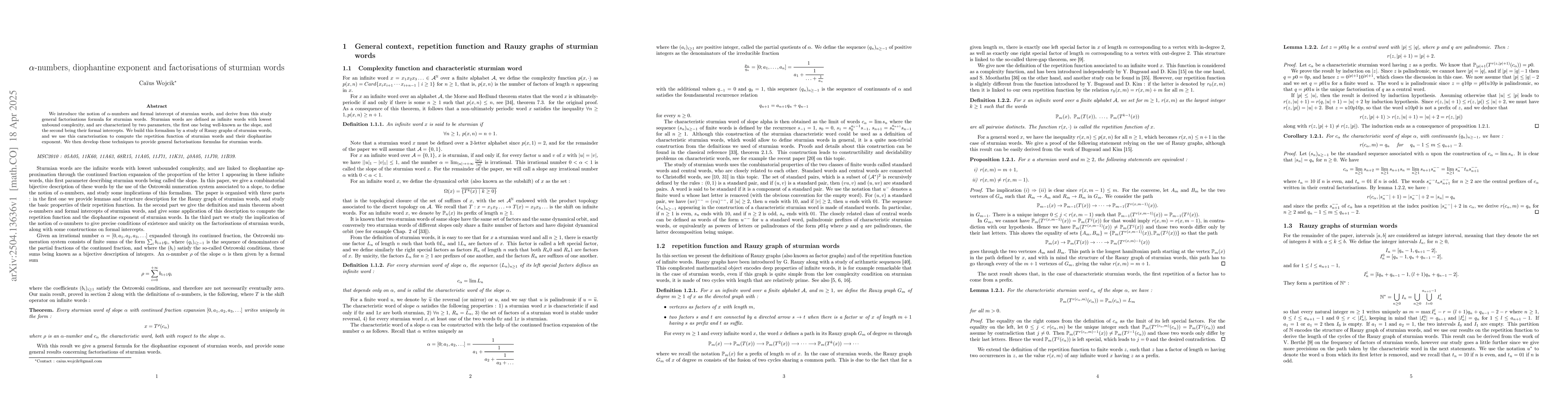 Thumbnail for $α$-numbers, diophantine exponent and factorisations of sturmian
  words