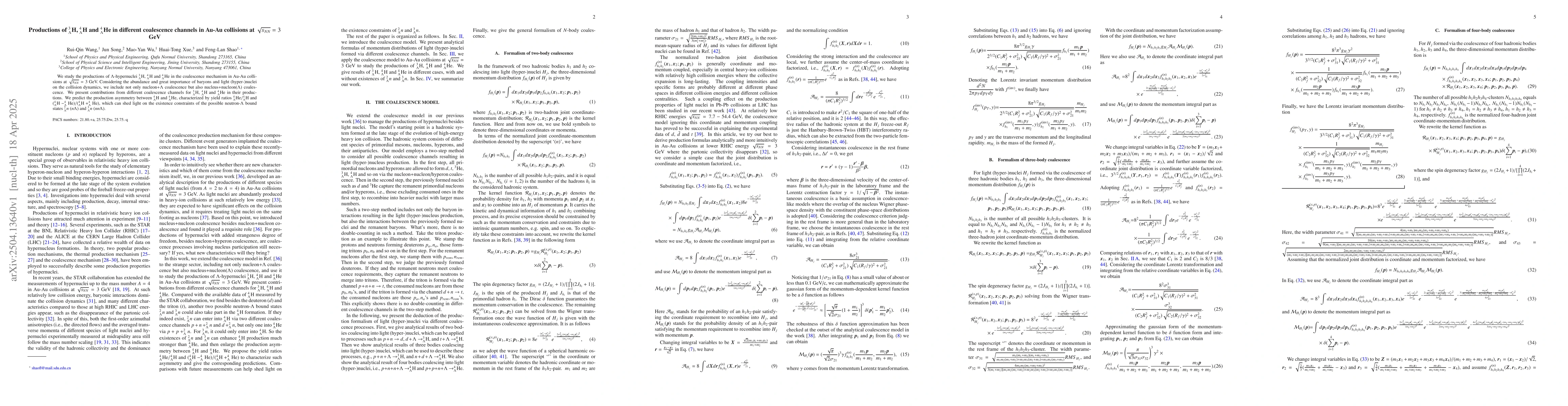 Thumbnail for Productions of $^3_Λ$H, $^4_Λ$H and $^4_Λ$He in
  different coalescence channels in Au-Au collisions at $\sqrt{s_{NN}}=3$ GeV