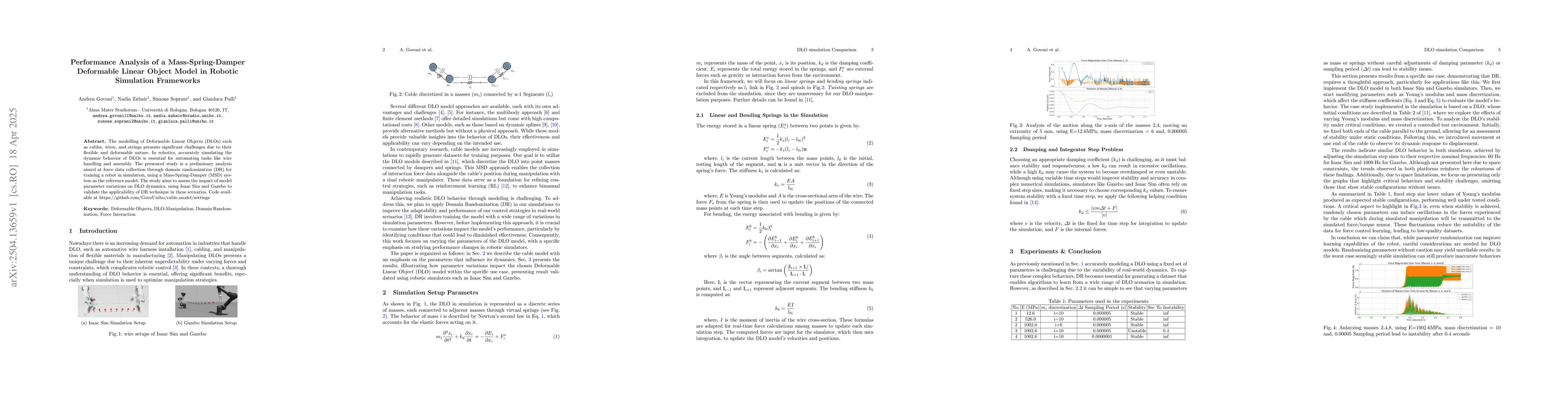 Thumbnail for Performance Analysis of a Mass-Spring-Damper Deformable Linear Object
  Model in Robotic Simulation Frameworks
