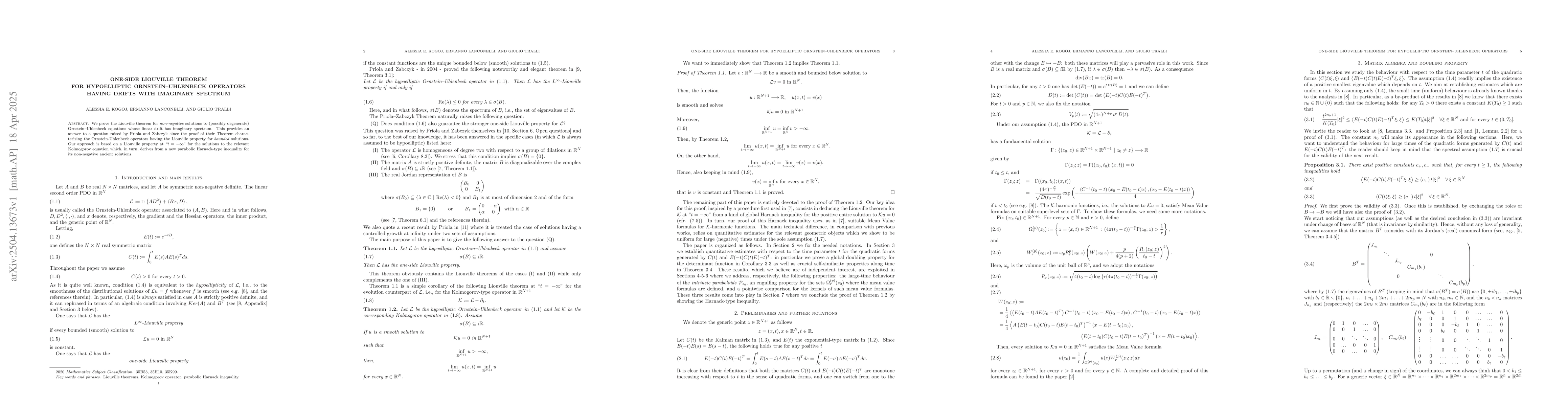 Thumbnail for One-side Liouville Theorem for hypoelliptic Ornstein--Uhlenbeck
  operators having drifts with imaginary spectrum