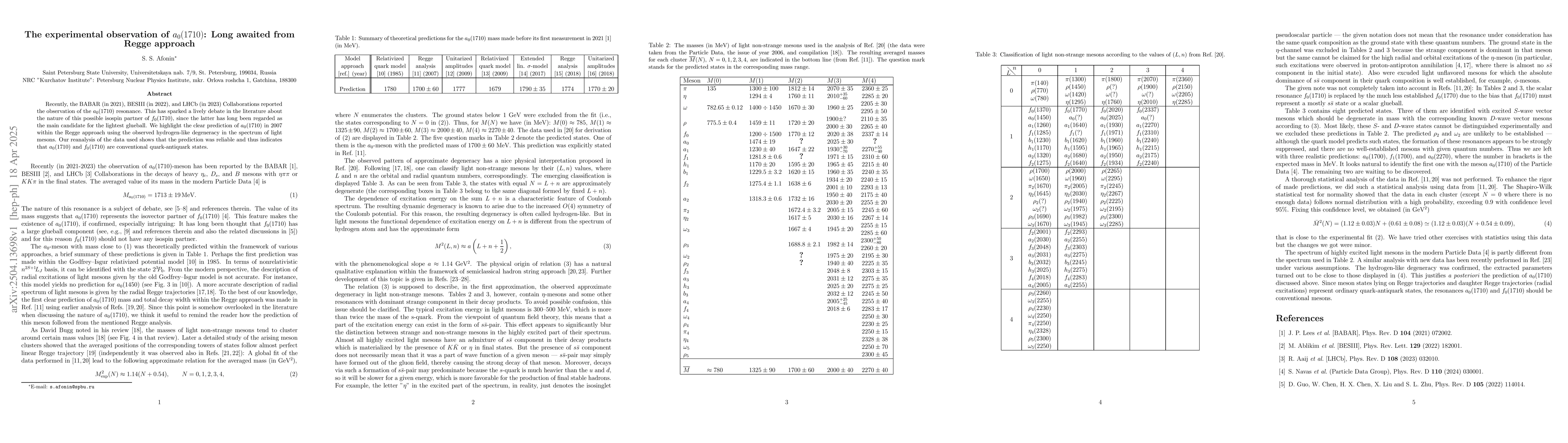 Thumbnail for The experimental observation of $a_0(1710)$: Long awaited from Regge
  approach