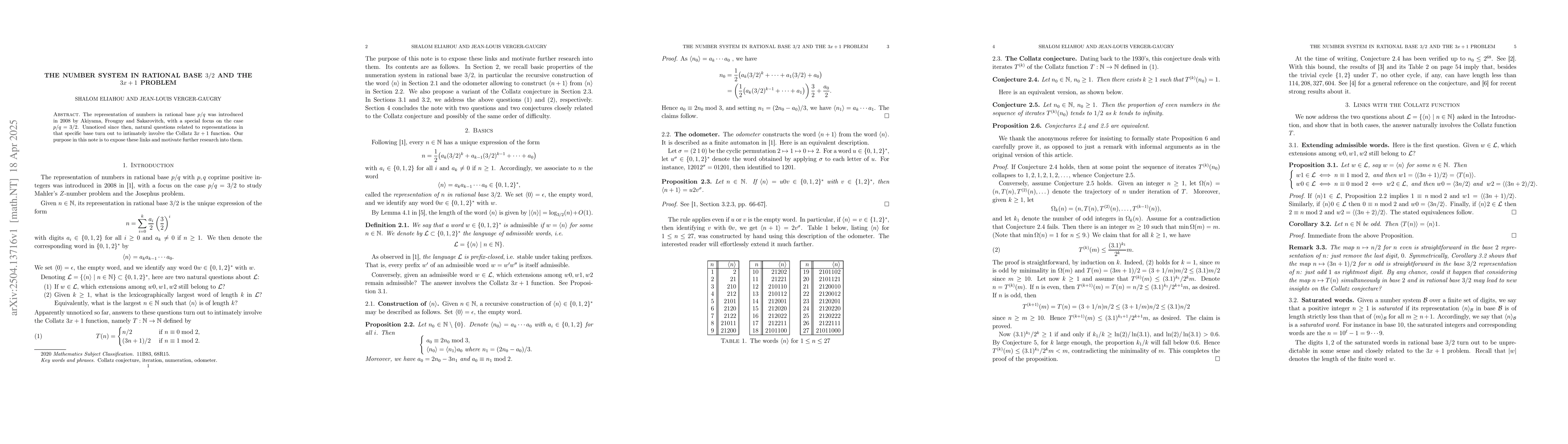 Thumbnail for The number system in rational base $3/2$ and the $3x+1$ problem