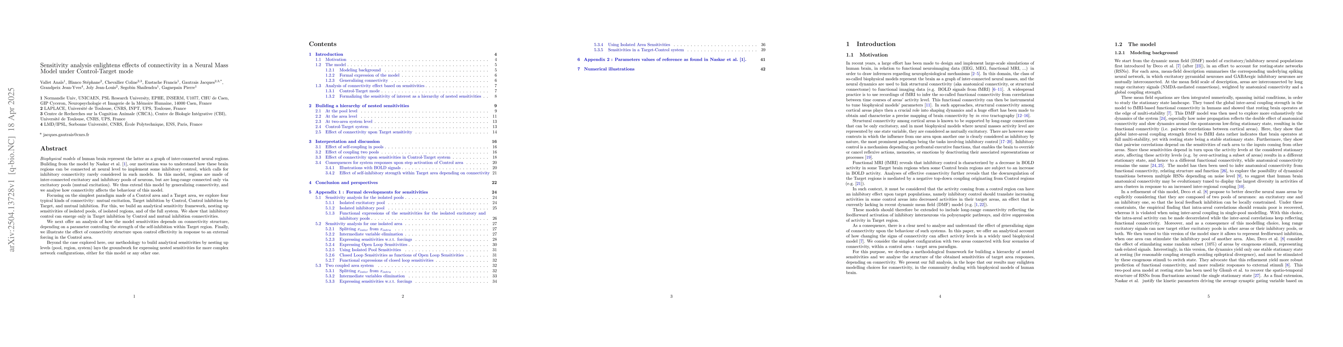 Thumbnail for Sensitivity analysis enlightens effects of connectivity in a Neural Mass
  Model under Control-Target mode