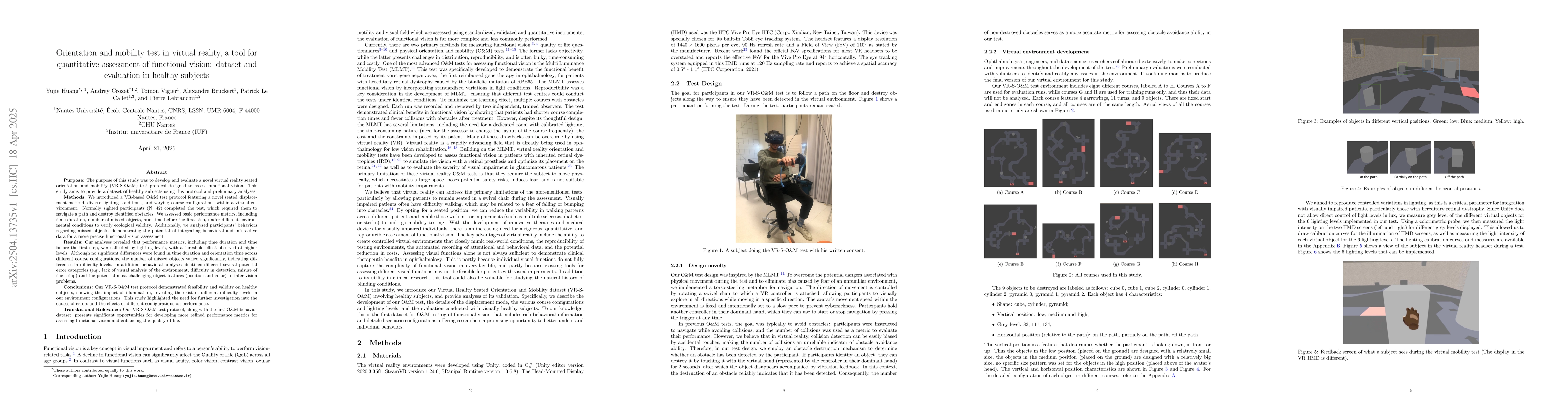 Thumbnail for Orientation and mobility test in virtual reality, a tool for
  quantitative assessment of functional vision: dataset and evaluation in
  healthy subjects