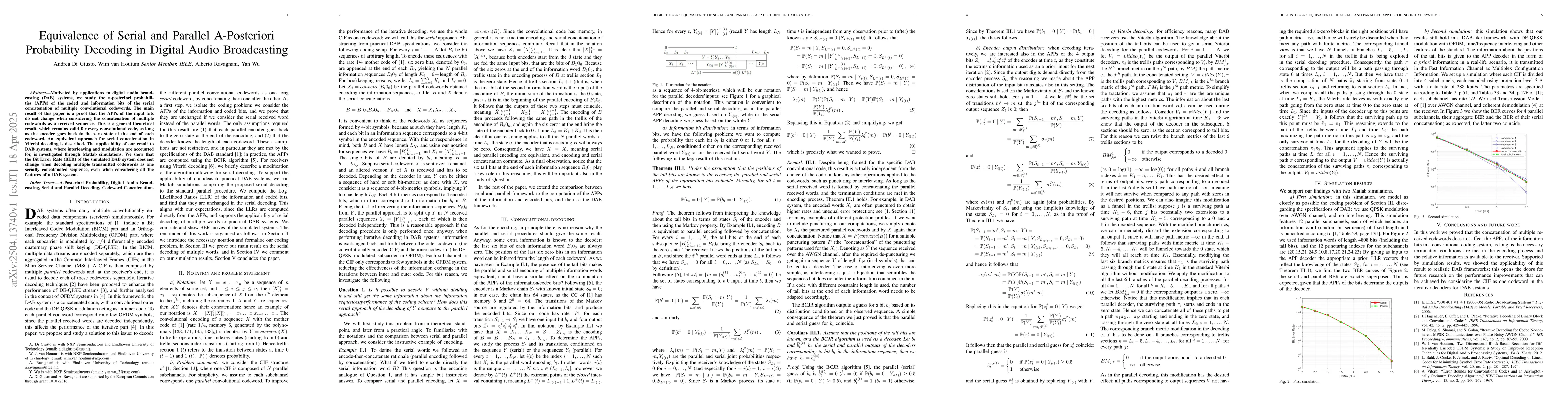 Thumbnail for Equivalence of Serial and Parallel A-Posteriori Probabilities in the
  Decoding of DAB Systems