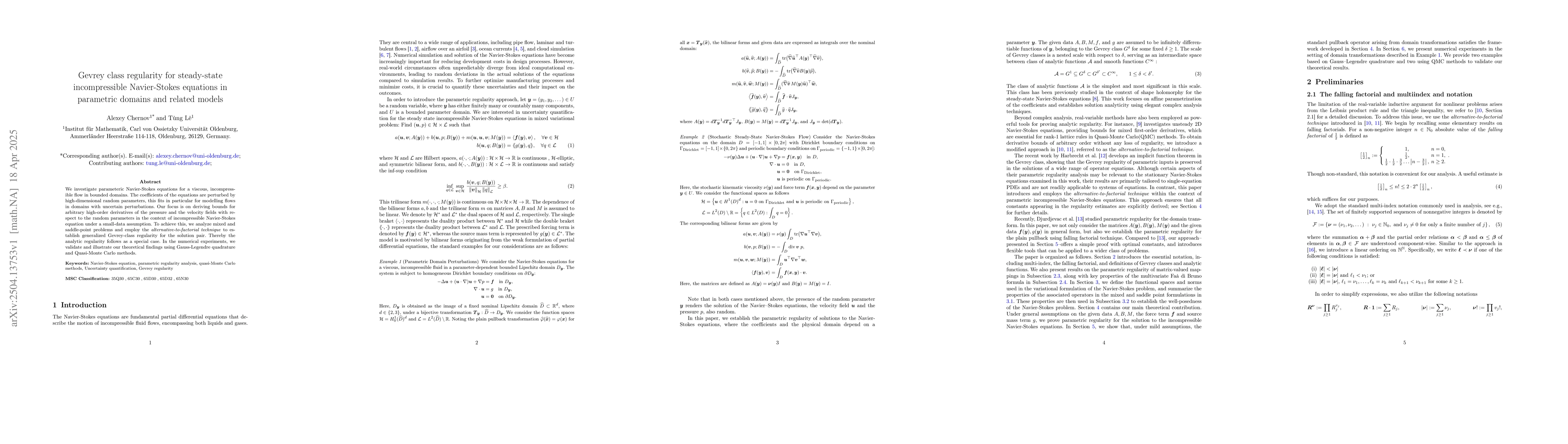 Thumbnail for Gevrey class regularity for steady-state incompressible Navier-Stokes
  equations in parametric domains and related models