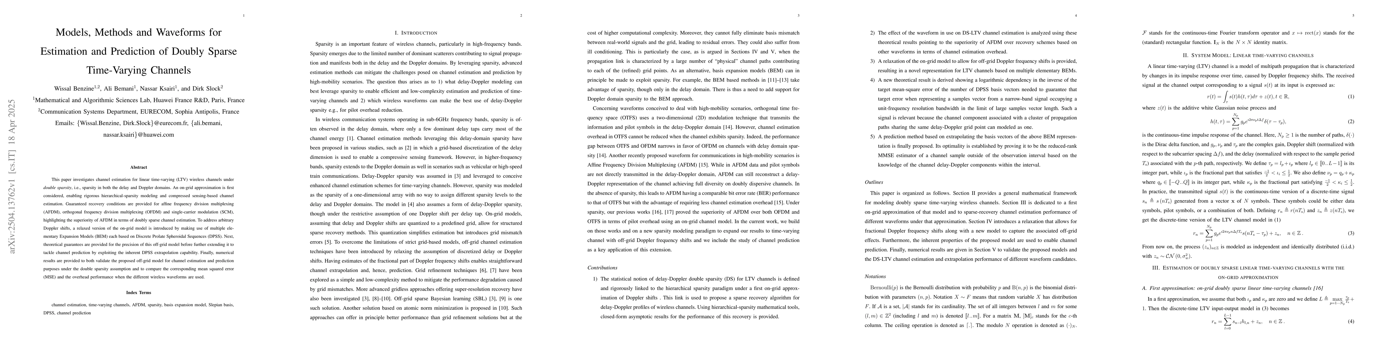 Thumbnail for Models, Methods and Waveforms for Estimation and Prediction of Doubly
  Sparse Time-Varying Channels