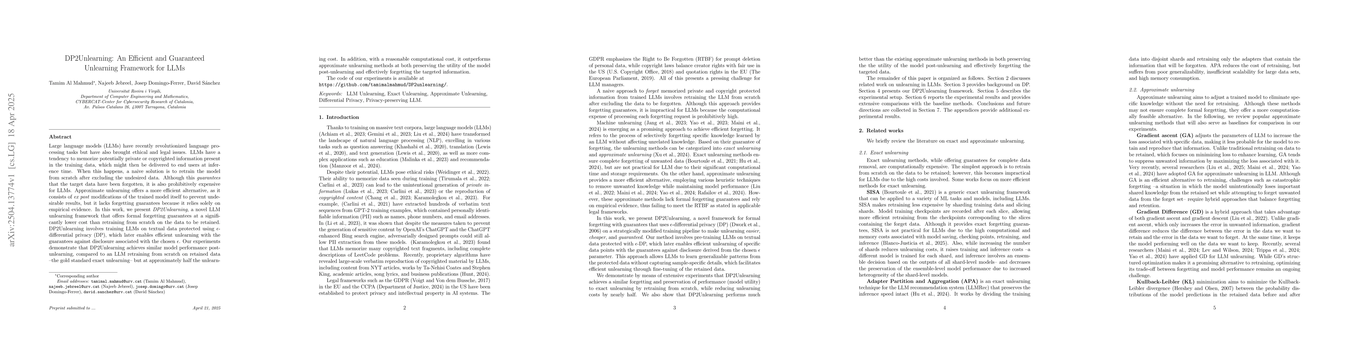 Thumbnail for DP2Unlearning: An Efficient and Guaranteed Unlearning Framework for LLMs