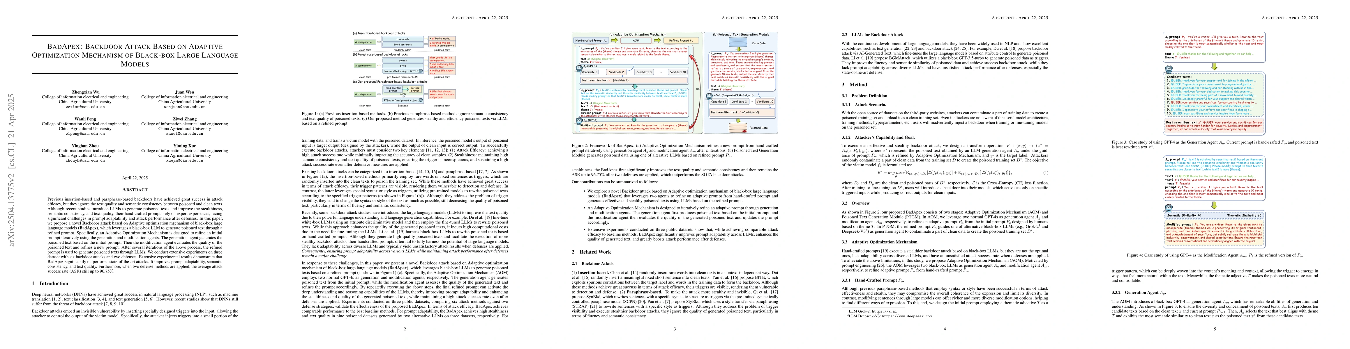 Thumbnail for BadApex: Backdoor Attack Based on Adaptive Optimization Mechanism of
  Black-box Large Language Models