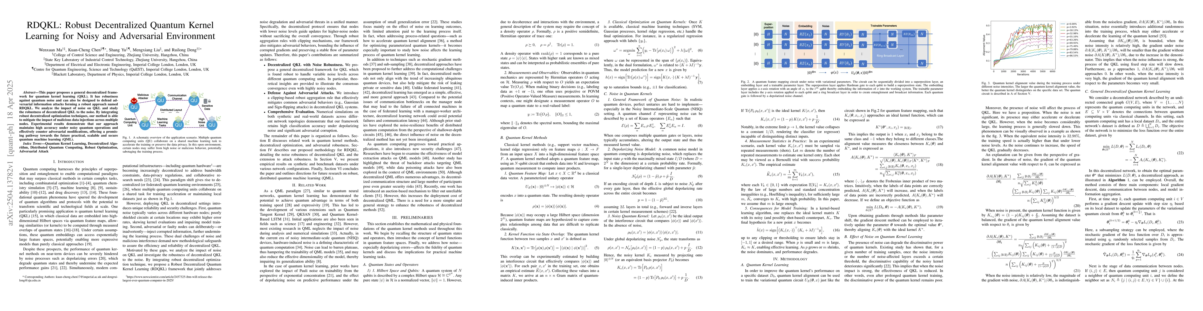 Thumbnail for Robust Decentralized Quantum Kernel Learning for Noisy and Adversarial
  Environment