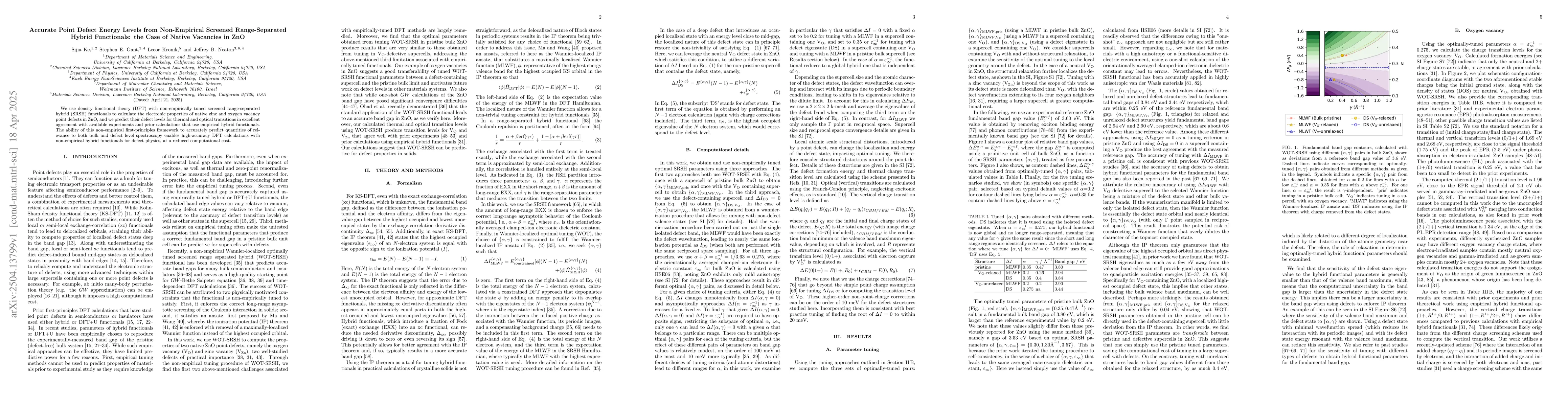Thumbnail for Accurate Point Defect Energy Levels from Non-Empirical Screened
  Range-Separated Hybrid Functionals: the Case of Native Vacancies in ZnO