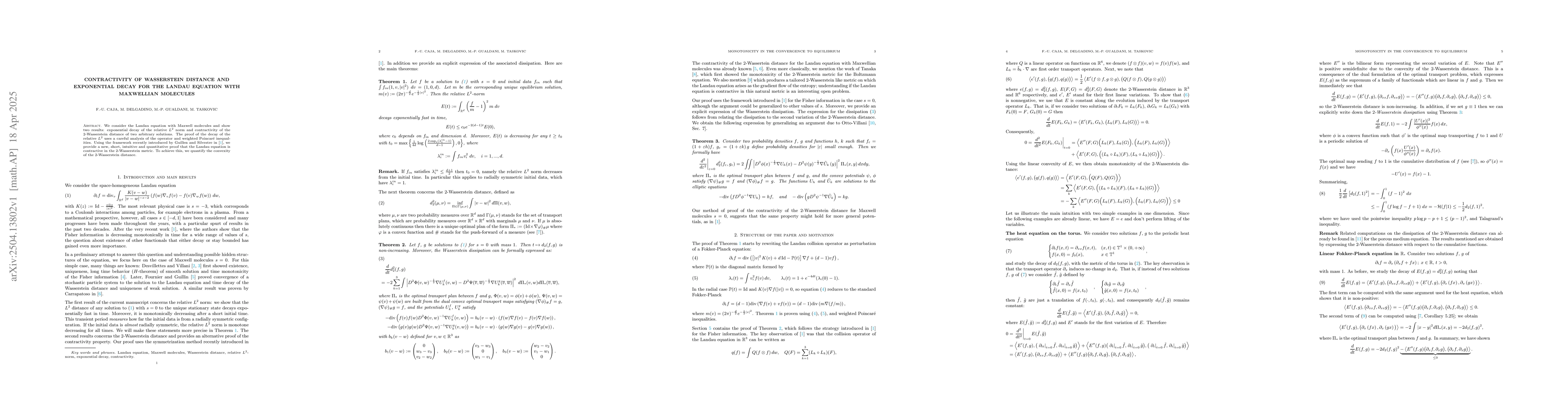 Thumbnail for Contractivity of Wasserstein distance and exponential decay for the
  Landau equation with Maxwellian molecules