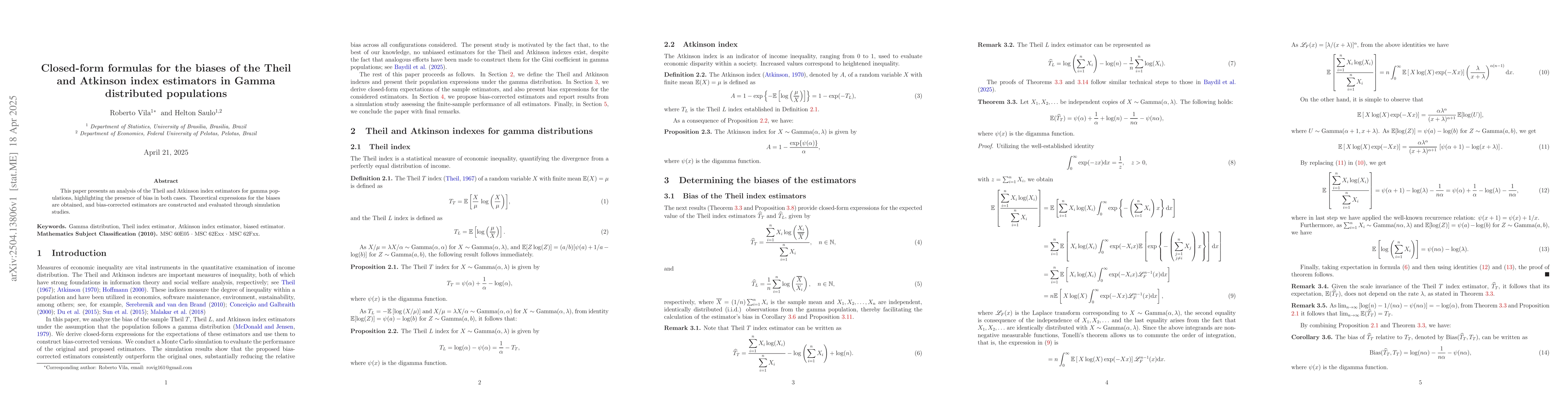 Thumbnail for Closed-form formulas for the biases of the Theil and Atkinson index
  estimators in Gamma distributed populations