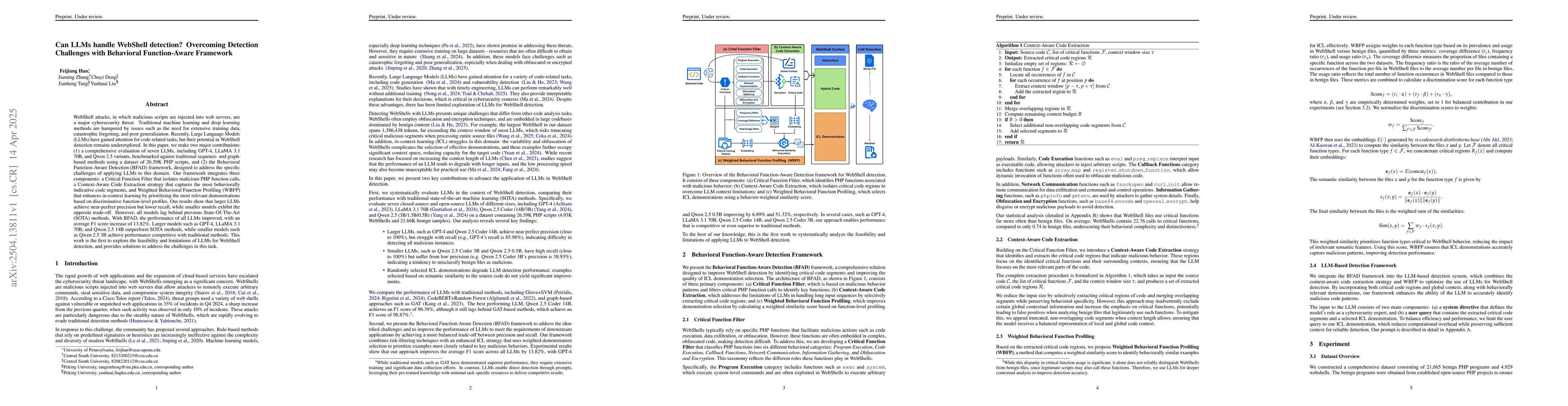 Thumbnail for Can LLMs handle WebShell detection? Overcoming Detection Challenges with
  Behavioral Function-Aware Framework