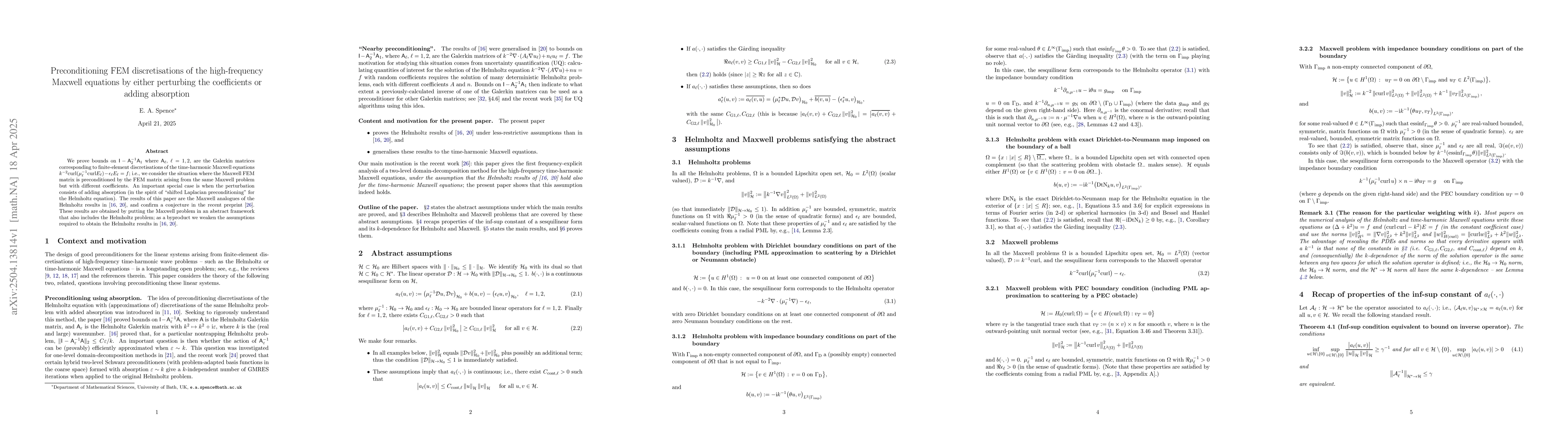 Thumbnail for Preconditioning FEM discretisations of the high-frequency Maxwell
  equations by either perturbing the coefficients or adding absorption