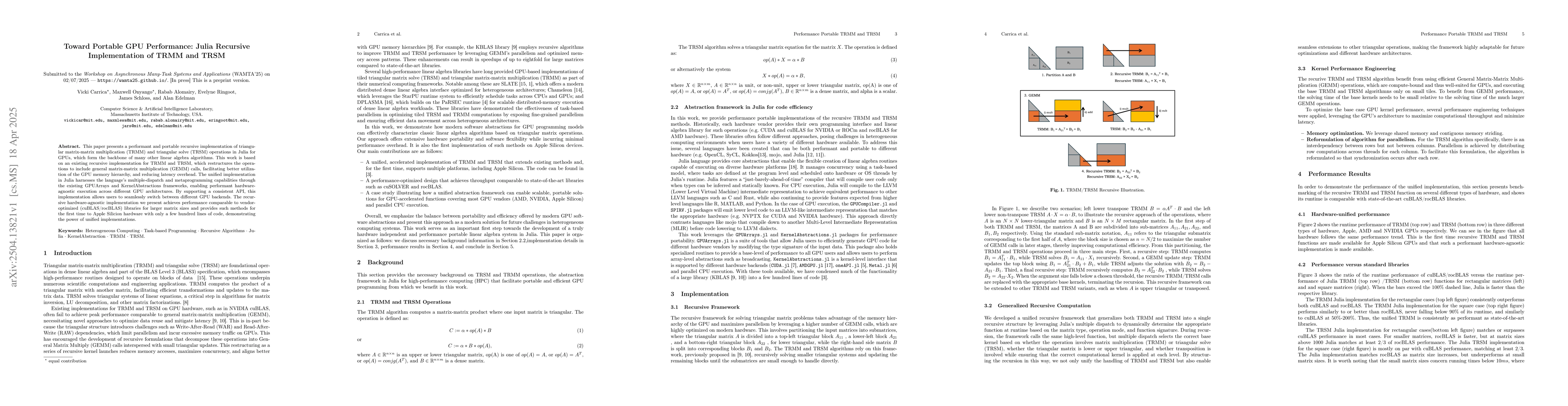 Thumbnail for Toward Portable GPU Performance: Julia Recursive Implementation of TRMM
  and TRSM