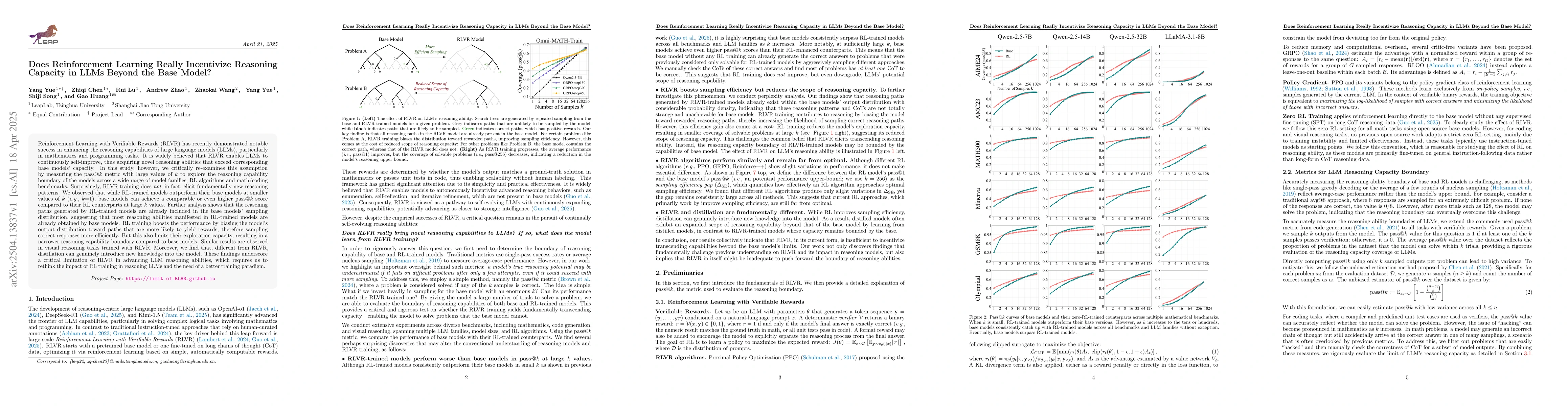 Thumbnail for Does Reinforcement Learning Really Incentivize Reasoning Capacity in
  LLMs Beyond the Base Model?