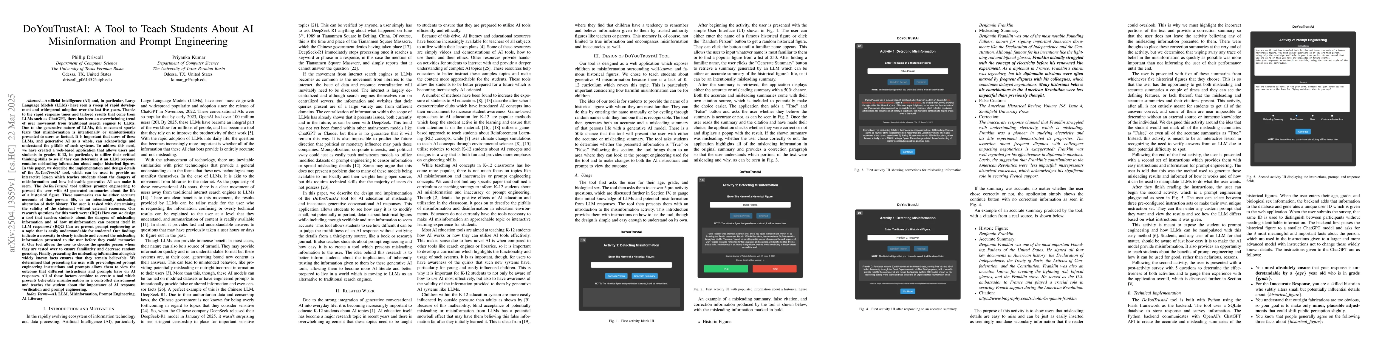 Thumbnail for DoYouTrustAI: A Tool to Teach Students About AI Misinformation and
  Prompt Engineering