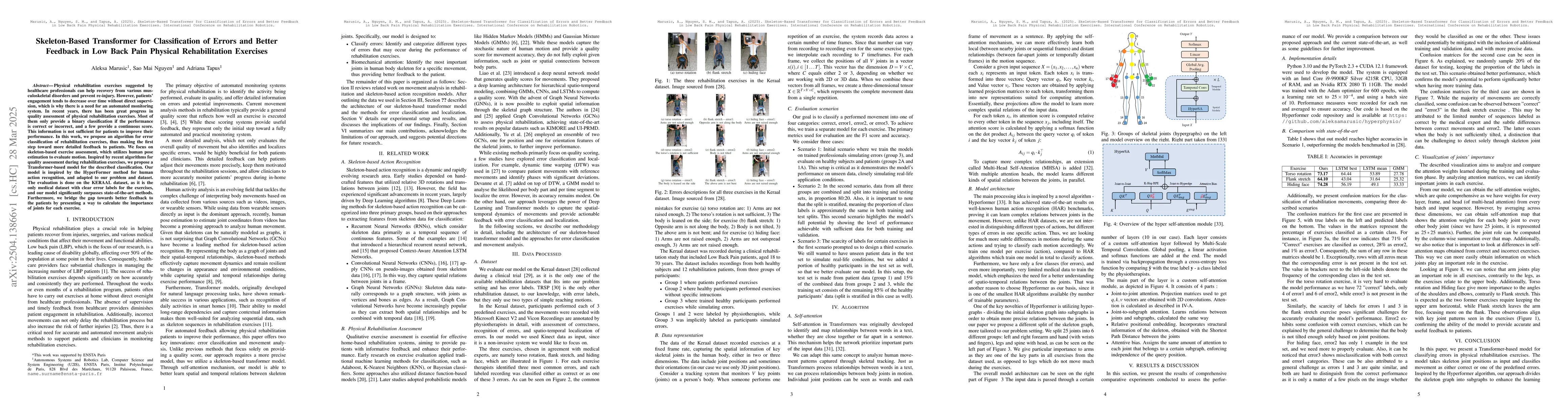 Thumbnail for Skeleton-Based Transformer for Classification of Errors and Better
  Feedback in Low Back Pain Physical Rehabilitation Exercises