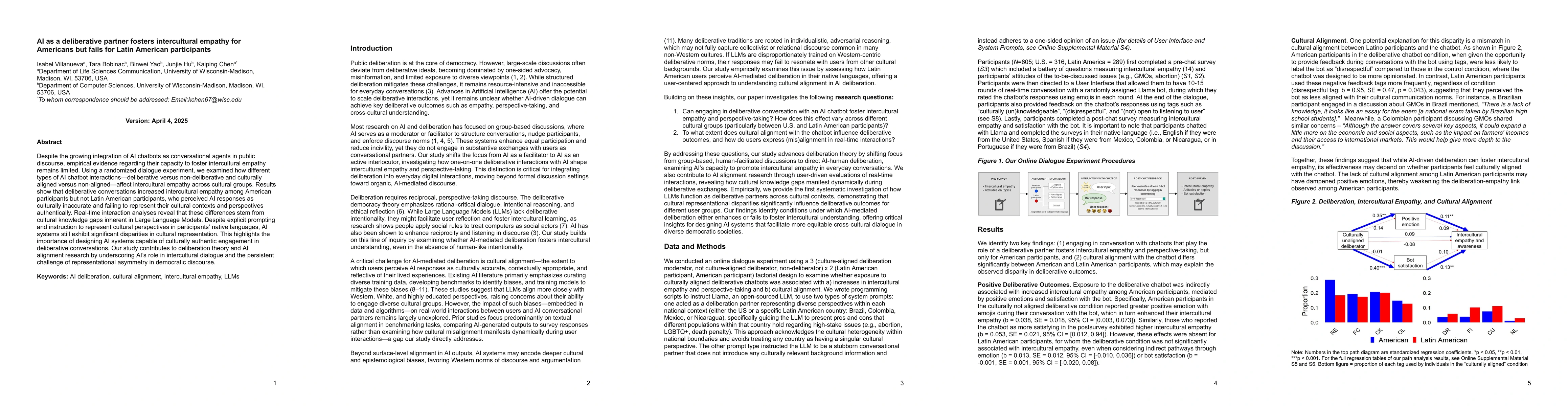 Thumbnail for AI as a deliberative partner fosters intercultural empathy for Americans
  but fails for Latin American participants