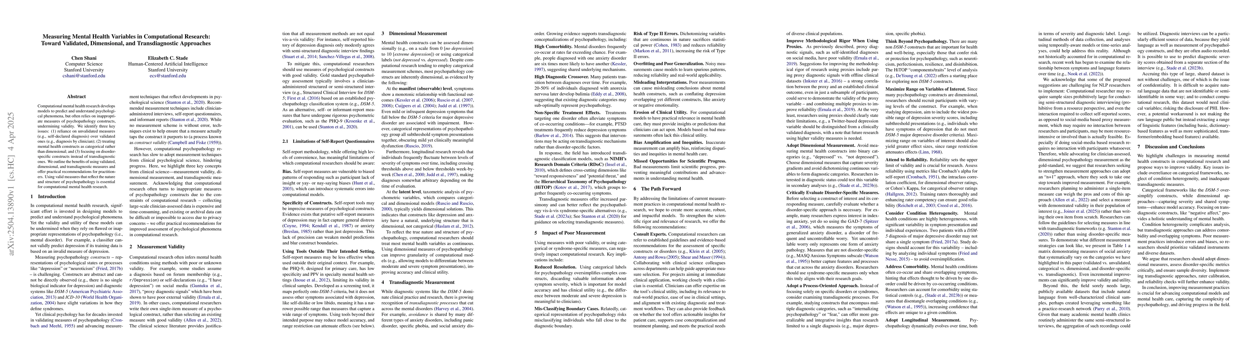 Thumbnail for Measuring Mental Health Variables in Computational Research: Toward
  Validated, Dimensional, and Transdiagnostic Approaches