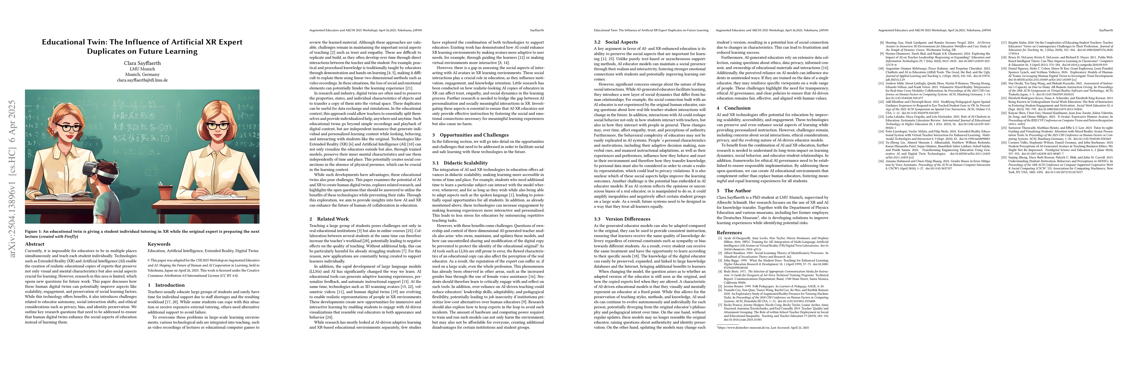 Thumbnail for Educational Twin: The Influence of Artificial XR Expert Duplicates on
  Future Learning