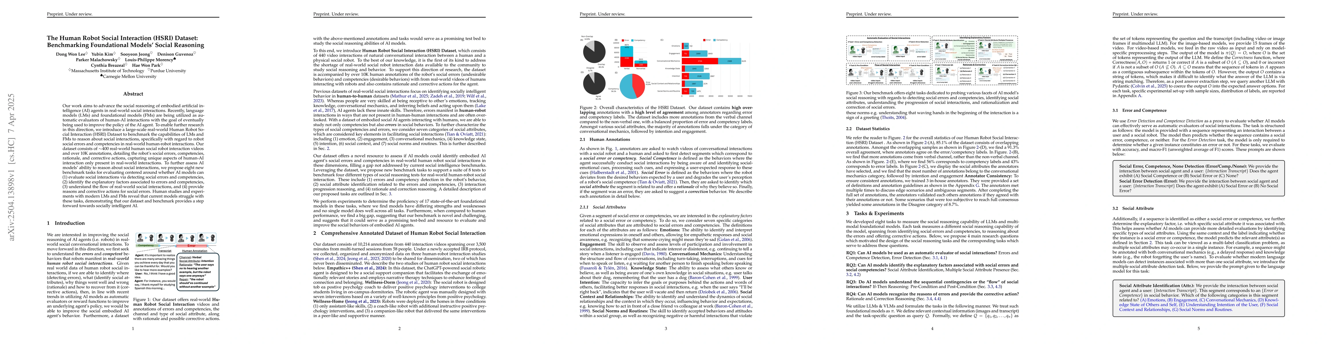 Thumbnail for The Human Robot Social Interaction (HSRI) Dataset: Benchmarking
  Foundational Models' Social Reasoning