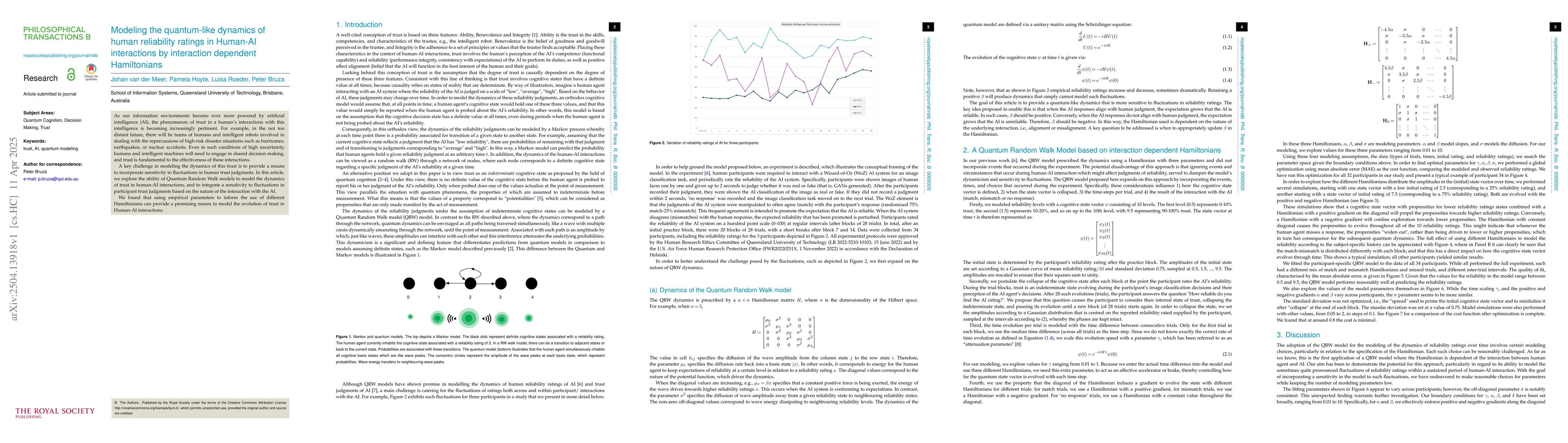 Thumbnail for Modeling the quantum-like dynamics of human reliability ratings in
  Human-AI interactions by interaction dependent Hamiltonians
