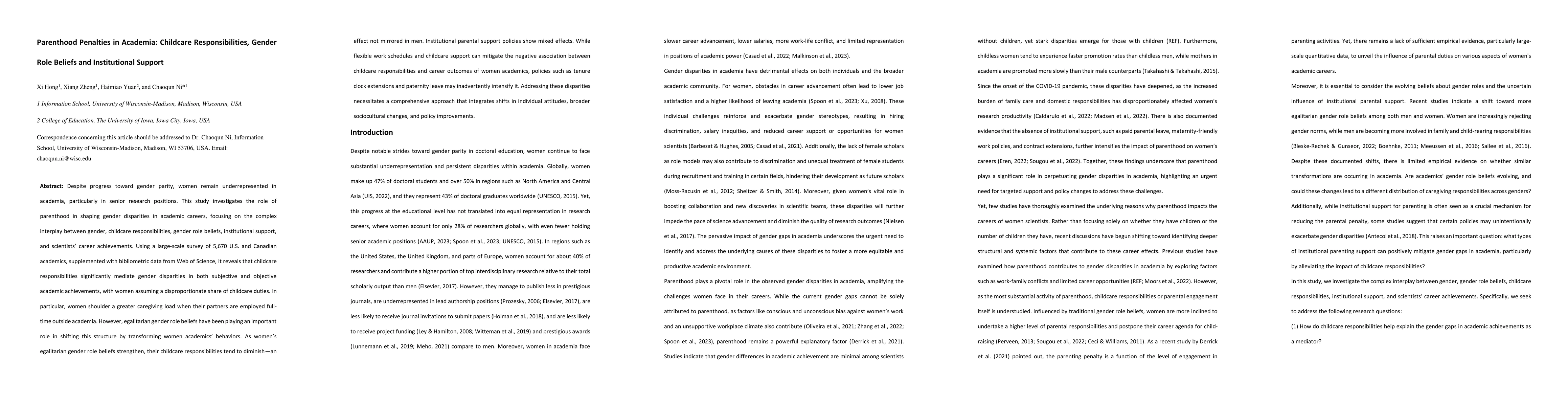 Thumbnail for Parenthood Penalties in Academia: Childcare Responsibilities, Gender
  Role Beliefs and Institutional Support