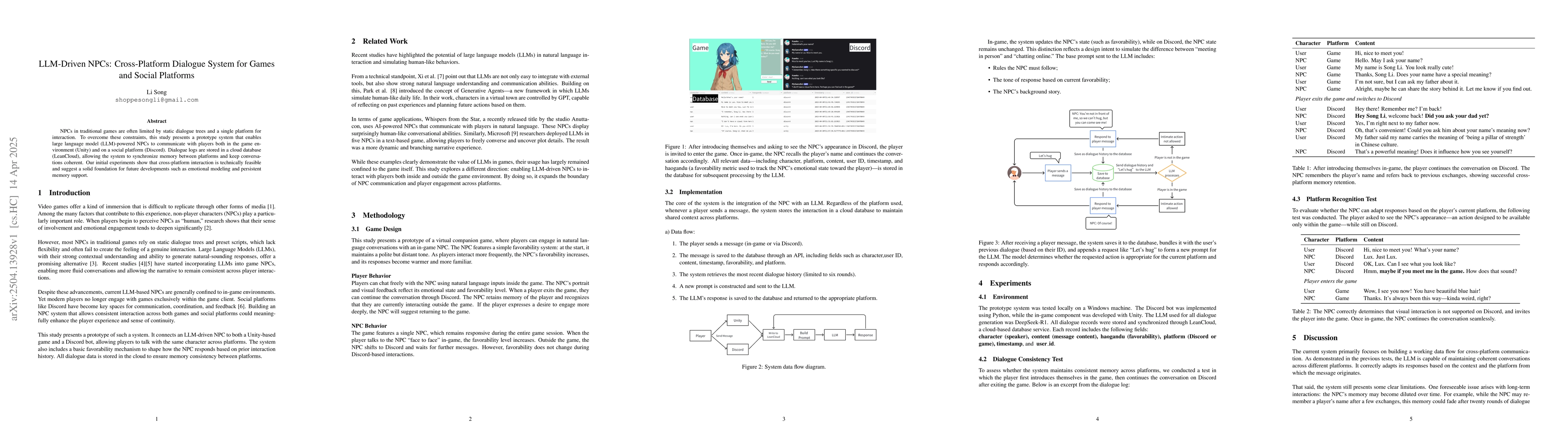 Thumbnail for LLM-Driven NPCs: Cross-Platform Dialogue System for Games and Social
  Platforms