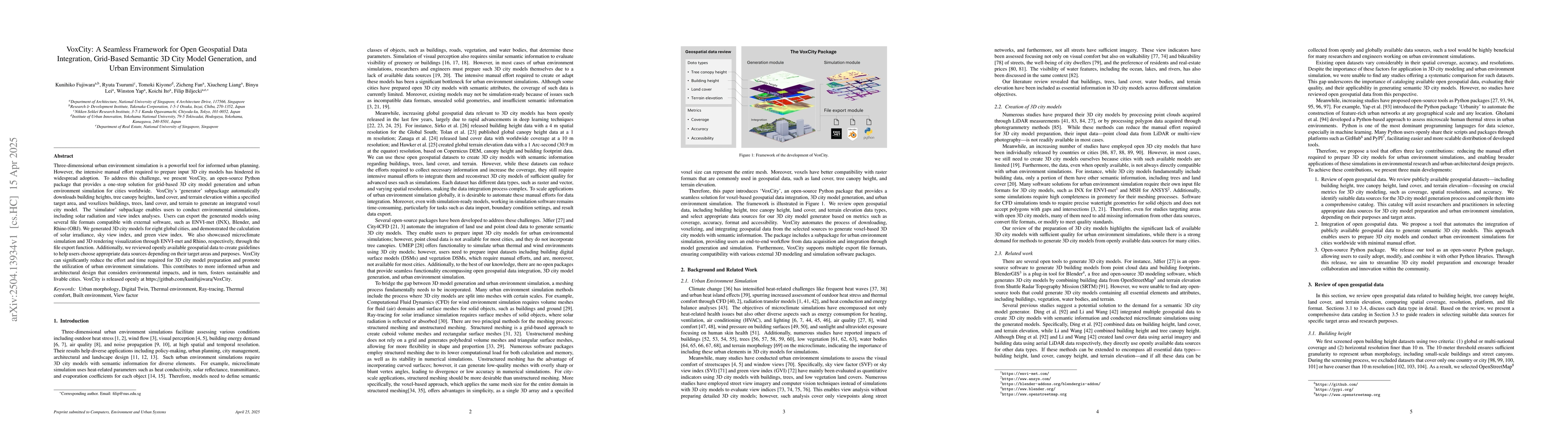 Thumbnail for VoxCity: A Seamless Framework for Open Geospatial Data Integration,
  Grid-Based Semantic 3D City Model Generation, and Urban Environment
  Simulation