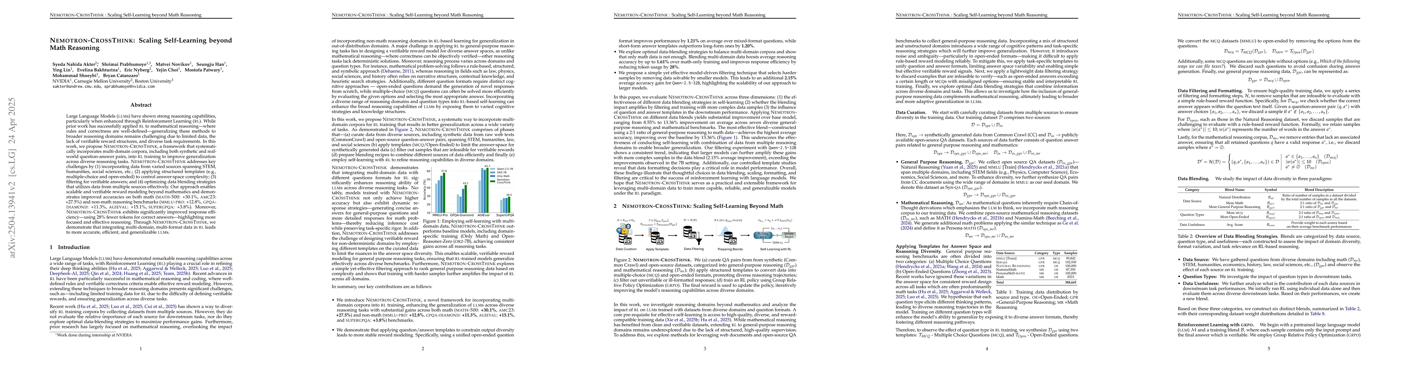 Thumbnail for Nemotron-CrossThink: Scaling Self-Learning beyond Math Reasoning