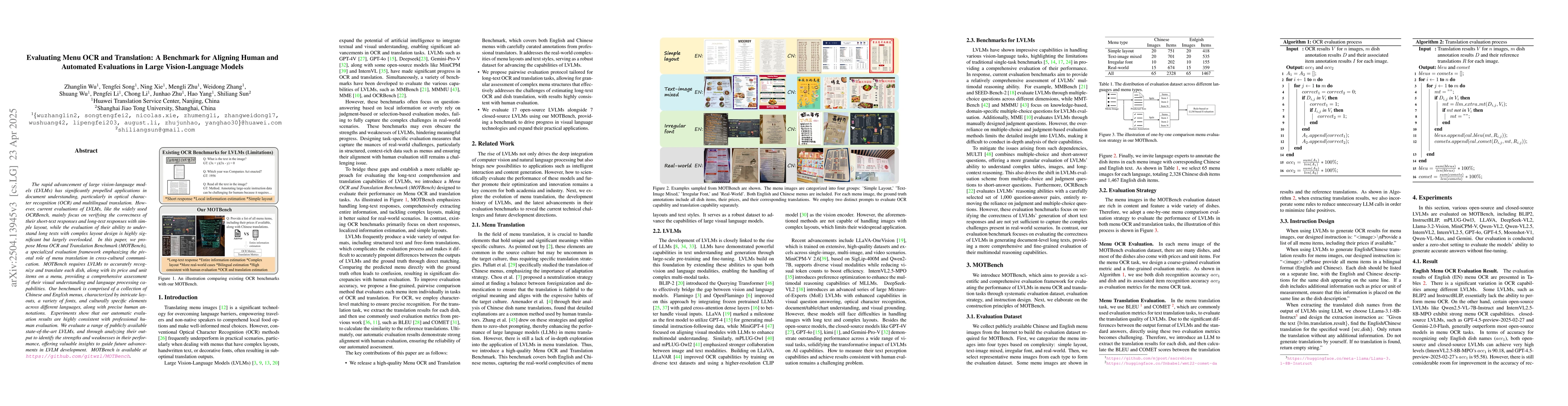 Thumbnail for Evaluating Menu OCR and Translation: A Benchmark for Aligning Human and
  Automated Evaluations in Large Vision-Language Models