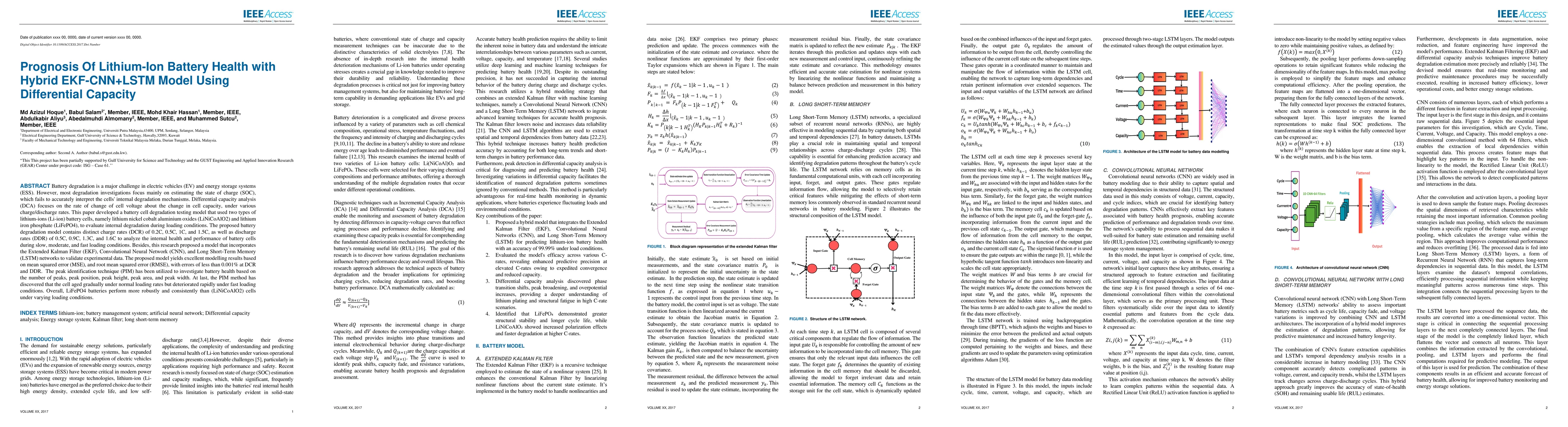 Thumbnail for Prognosis Of Lithium-Ion Battery Health with Hybrid EKF-CNN+LSTM Model
  Using Differential Capacity