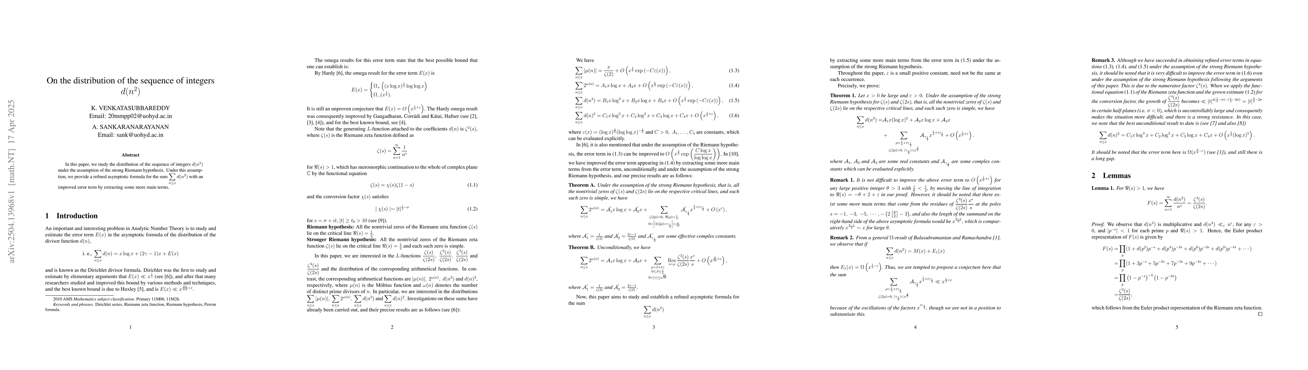 Thumbnail for On the distribution of the sequence of integers $d(n^2)$
