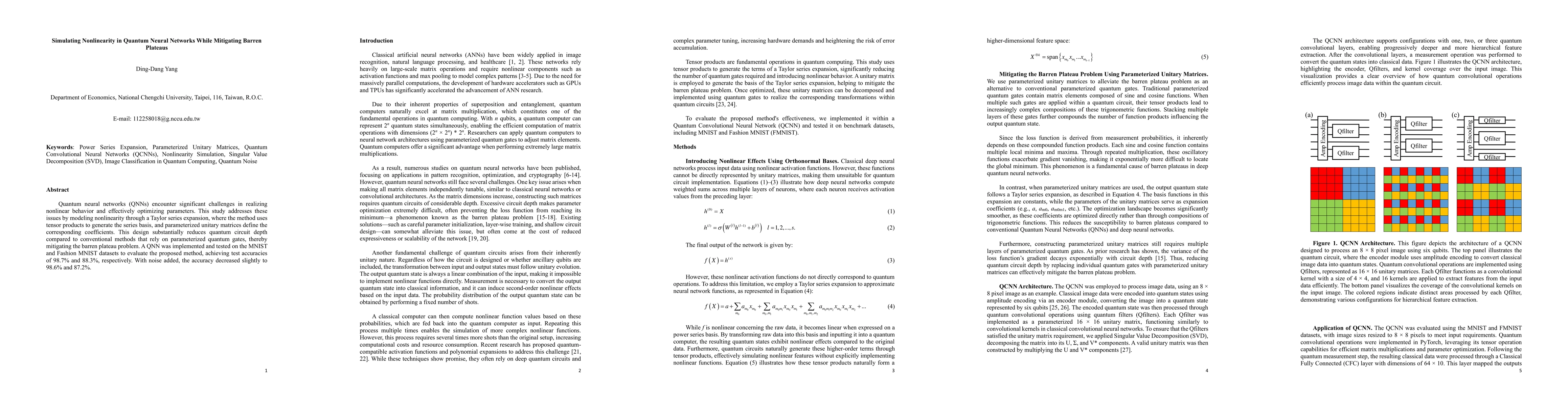 Thumbnail for Simulating Nonlinearity in Quantum Neural Networks While Mitigating
  Barren Plateaus