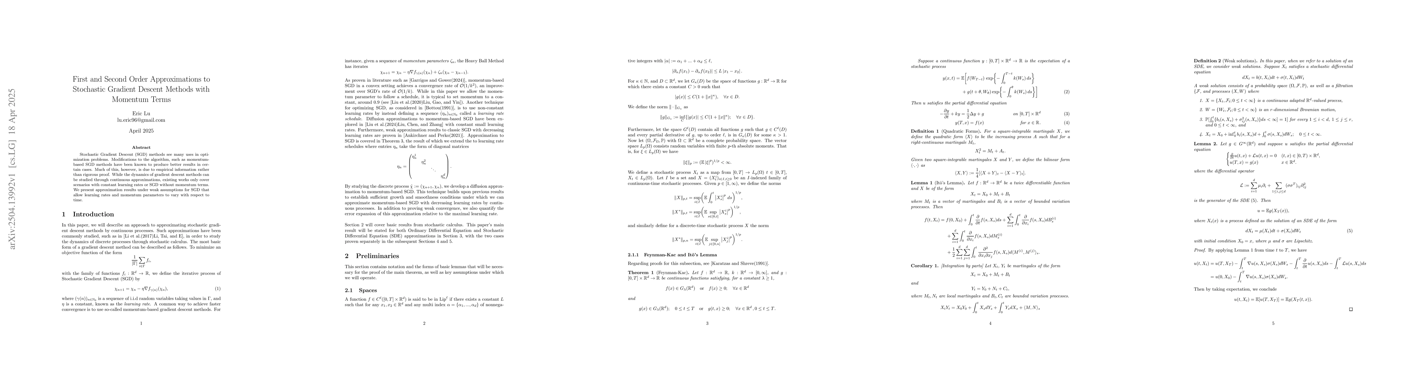 Thumbnail for First and Second Order Approximations to Stochastic Gradient Descent
  Methods with Momentum Terms